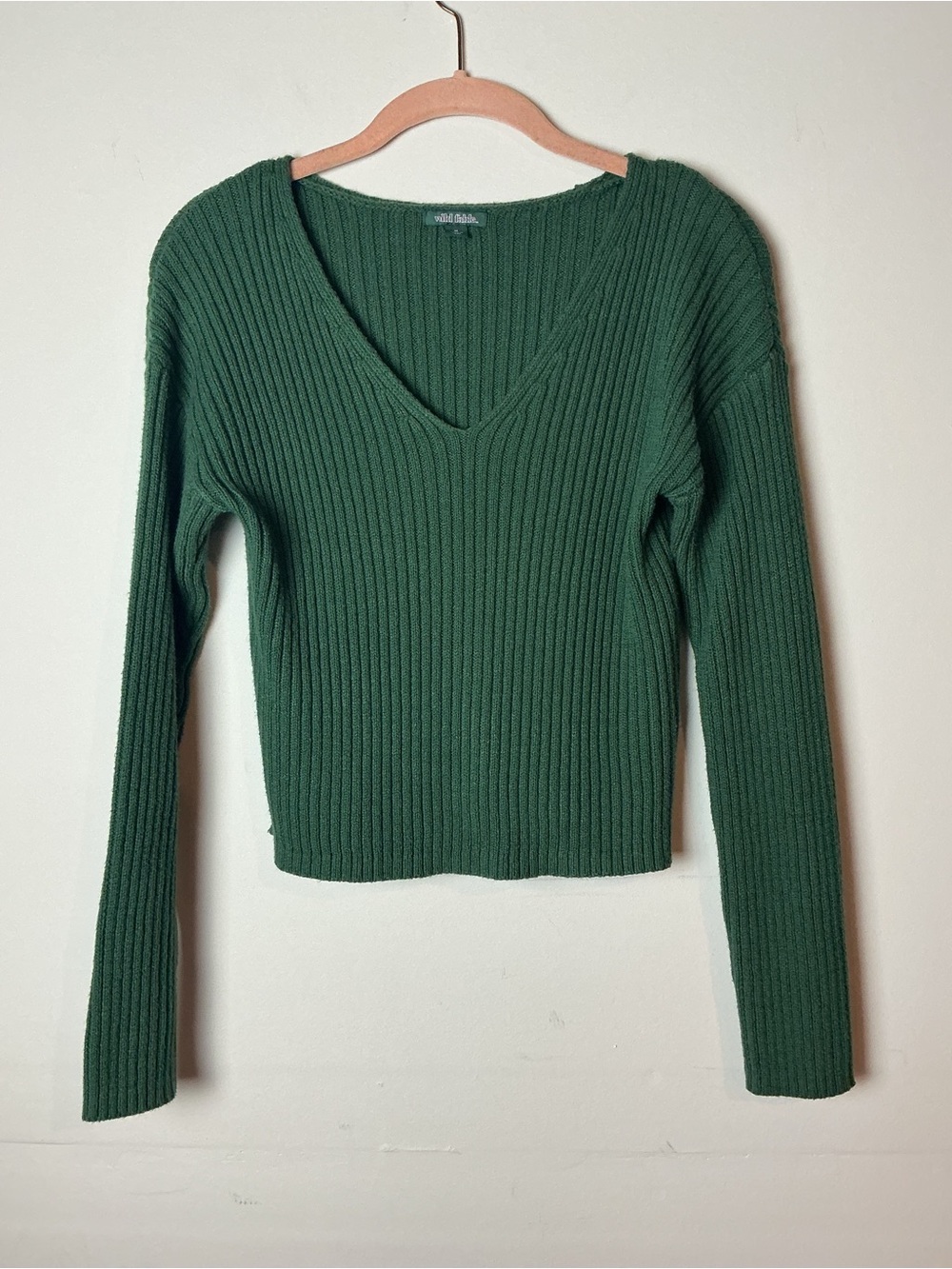 Wild Fable Green Ribbed Crop Sweater V-Neck Knit Long Sleeve Size M
